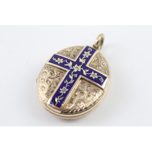 148 - 9ct gold back and front locket with enamel detailing (14.4g)