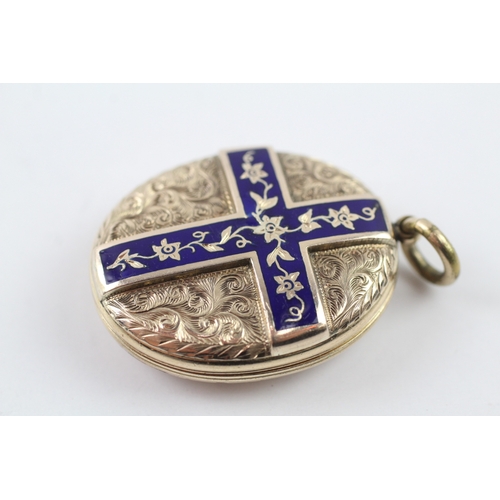 148 - 9ct gold back and front locket with enamel detailing (14.4g)