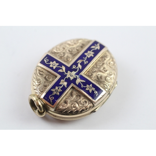 148 - 9ct gold back and front locket with enamel detailing (14.4g)