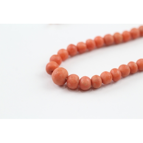 151 - 9ct gold clasped antique coral bead necklace, as found (12.2g)