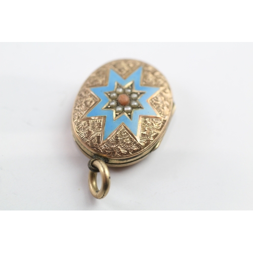 155 - 9ct gold back and front locket with enamel, pearl and coral detail (5.8g)