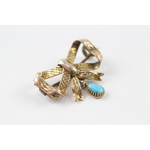 157 - 9ct gold bow brooch with turquoise drop (2.5g)