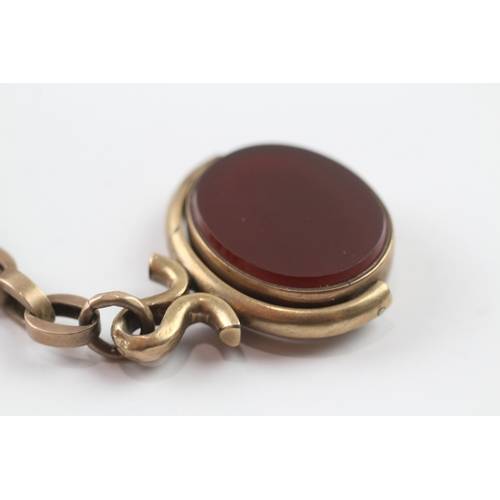 158 - 9ct gold antique watch chain with carnelian and bloodstone spinner fob (32.5g)