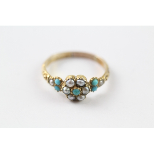 159 - 12ct gold Victorian pearl and turquoise floral design ring (2.5g) Size Q