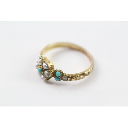 159 - 12ct gold Victorian pearl and turquoise floral design ring (2.5g) Size Q