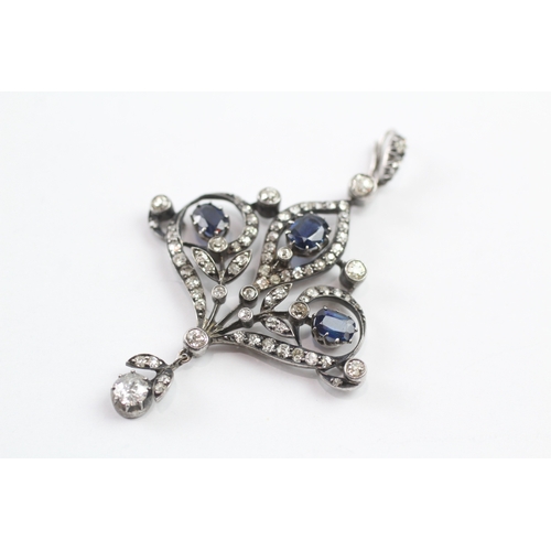 163 - 9ct white gold art nouveau diamond and sapphire pendant (6.6g)