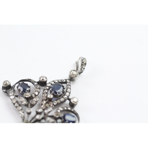 163 - 9ct white gold art nouveau diamond and sapphire pendant (6.6g)