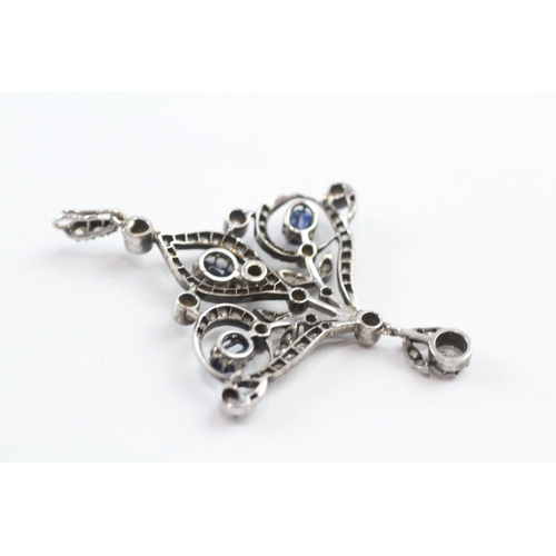 163 - 9ct white gold art nouveau diamond and sapphire pendant (6.6g)