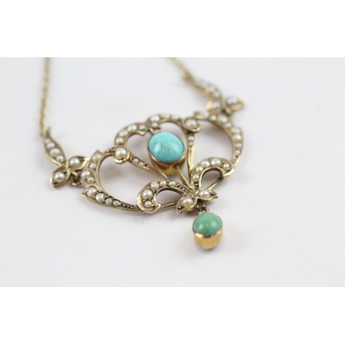 167 - 9ct gold Art Nouveau pearl and turquoise set lavaliere necklace (5.5g)