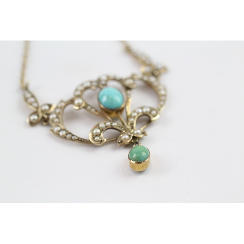 167 - 9ct gold Art Nouveau pearl and turquoise set lavaliere necklace (5.5g)