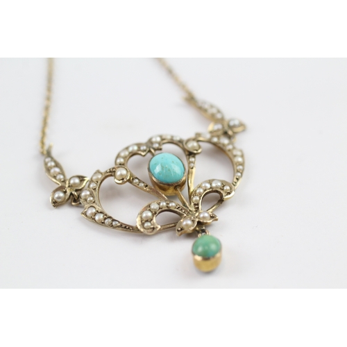 167 - 9ct gold Art Nouveau pearl and turquoise set lavaliere necklace (5.5g)