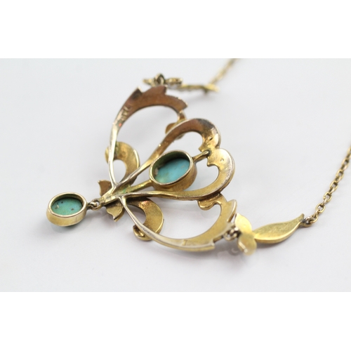 167 - 9ct gold Art Nouveau pearl and turquoise set lavaliere necklace (5.5g)