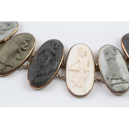 187 - 6ct gold antique shell and lava cameo panel bracelet (23.1g)