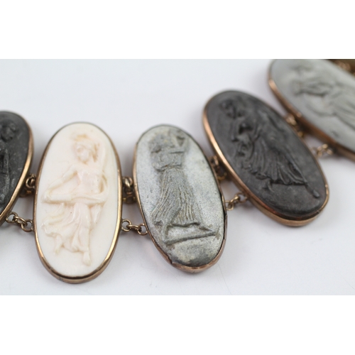 187 - 6ct gold antique shell and lava cameo panel bracelet (23.1g)