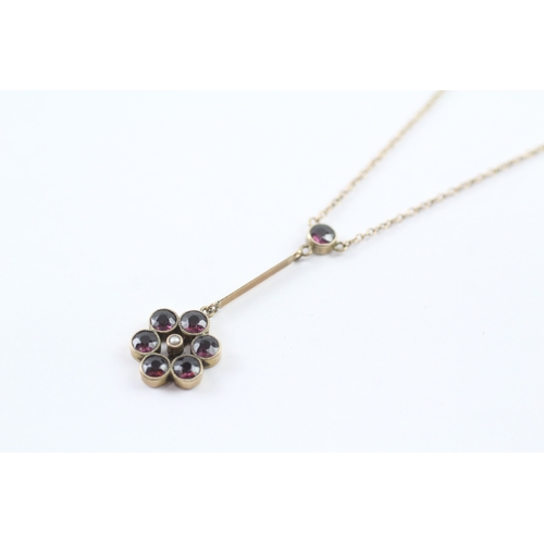 203 - 9ct gold garnet and pearl lavaliere necklace (2.7g)