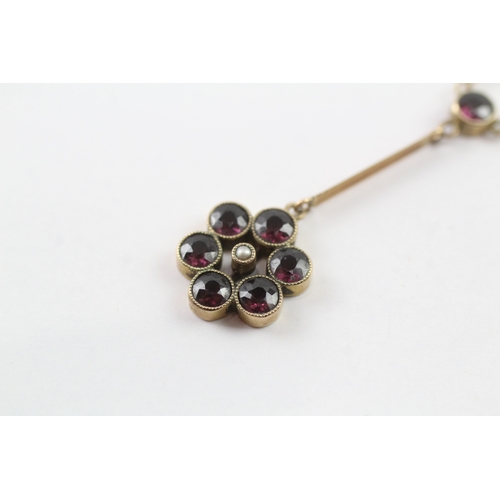 203 - 9ct gold garnet and pearl lavaliere necklace (2.7g)