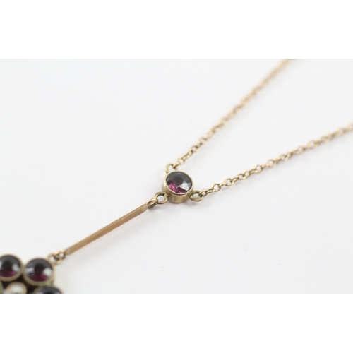 203 - 9ct gold garnet and pearl lavaliere necklace (2.7g)