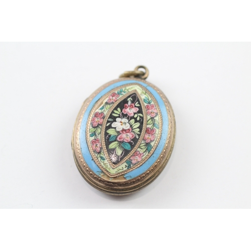 217 - 9ct gold back and front locket with floral enamel detail (10g)