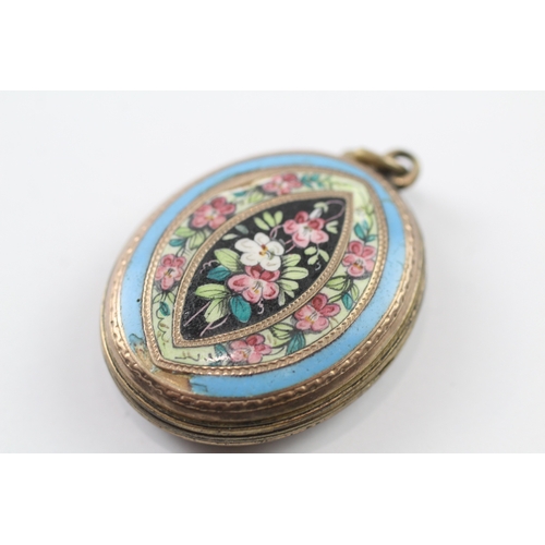 217 - 9ct gold back and front locket with floral enamel detail (10g)