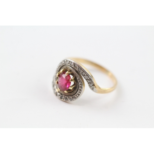 218 - 14ct gold diamond and ruby dress ring (3.6g) Size M