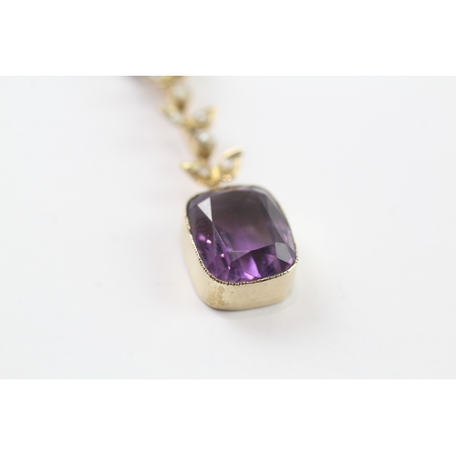 224 - 9ct gold amethyst and seed pearl pendant (4.1g)