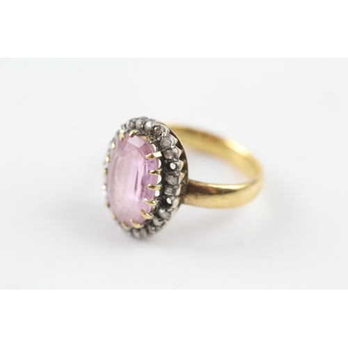 260 - 22ct gold old cut diamond and pink topaz halo cocktail ring (7.6g) Size P