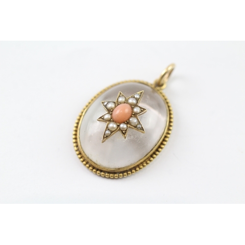 261 - 18ct gold antique pool of light pendant w/ seed pearl, coral (7.6g)