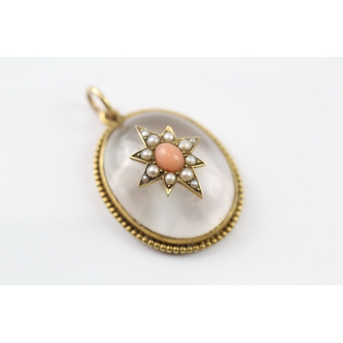 261 - 18ct gold antique pool of light pendant w/ seed pearl, coral (7.6g)