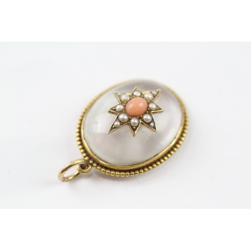 261 - 18ct gold antique pool of light pendant w/ seed pearl, coral (7.6g)