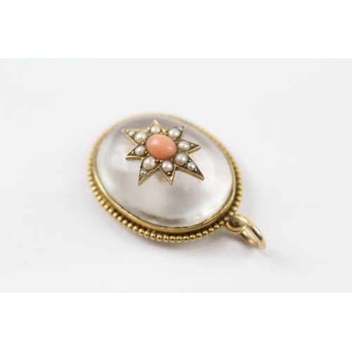 261 - 18ct gold antique pool of light pendant w/ seed pearl, coral (7.6g)