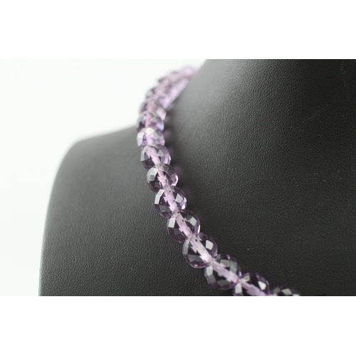 268 - 9ct gold clasped amethyst bead necklace (45.6g)