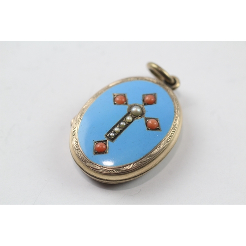 273 - 9ct gold back and front Victorian enamel locket w/ seed pearl, coral (7.2g)