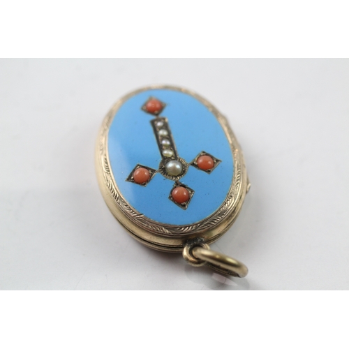 273 - 9ct gold back and front Victorian enamel locket w/ seed pearl, coral (7.2g)