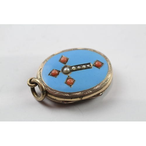 273 - 9ct gold back and front Victorian enamel locket w/ seed pearl, coral (7.2g)