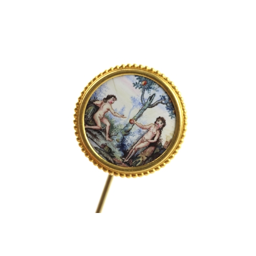 297 - 18ct gold antique hand painted Adam & Eve stick pin with base pin (6.7g)