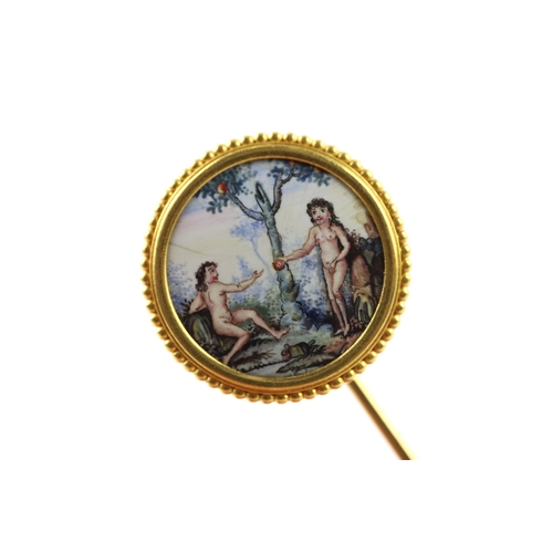 297 - 18ct gold antique hand painted Adam & Eve stick pin with base pin (6.7g)