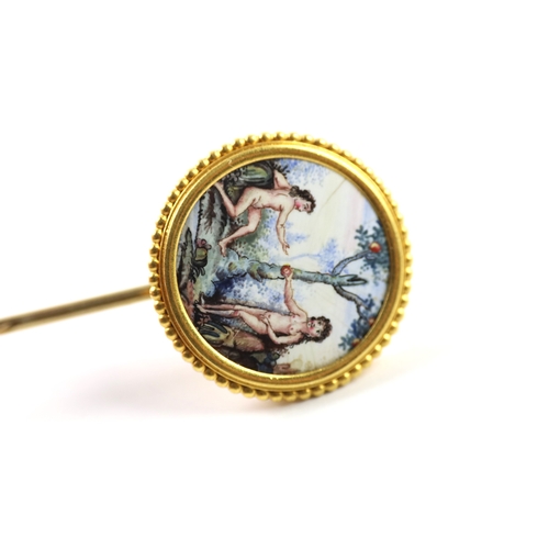 297 - 18ct gold antique hand painted Adam & Eve stick pin with base pin (6.7g)