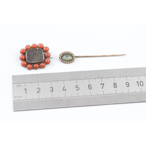 336 - A Victorian gold mourning brooch and stick pin, stone set (5.3g)