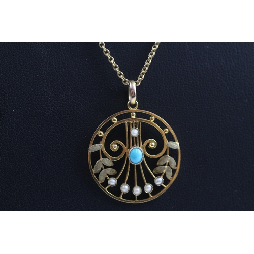 350 - 9ct gold turquoise and pearl set pendant necklace (4.5g)