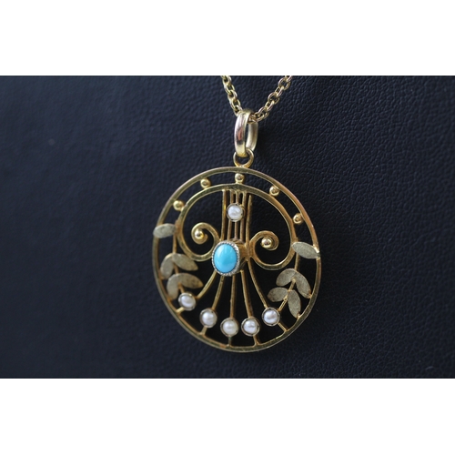 350 - 9ct gold turquoise and pearl set pendant necklace (4.5g)