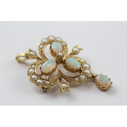 353 - 9ct gold opal and pearl set brooch/pendant (5.2g)