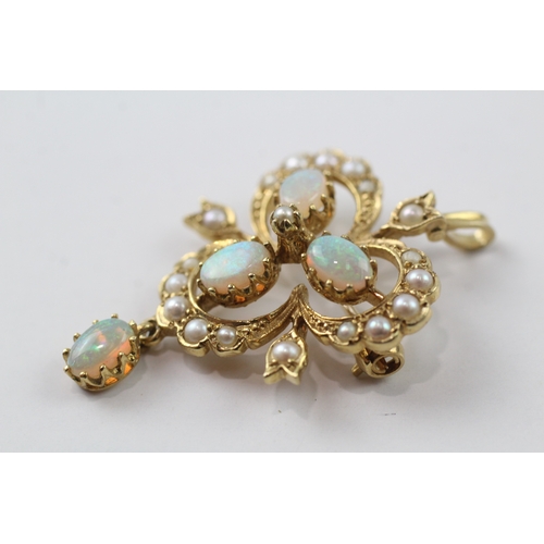 353 - 9ct gold opal and pearl set brooch/pendant (5.2g)