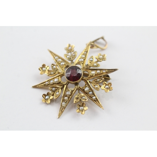 354 - low carat antique garnet and seed pearl starburst brooch (3.5g)