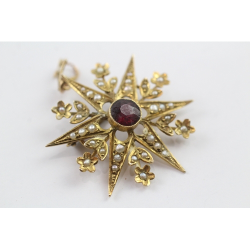 354 - low carat antique garnet and seed pearl starburst brooch (3.5g)