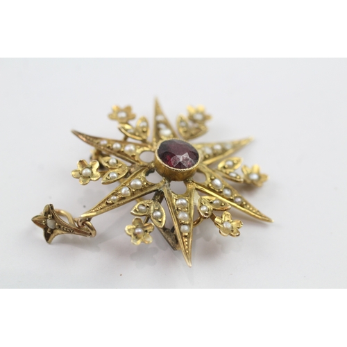 354 - low carat antique garnet and seed pearl starburst brooch (3.5g)