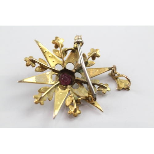 354 - low carat antique garnet and seed pearl starburst brooch (3.5g)