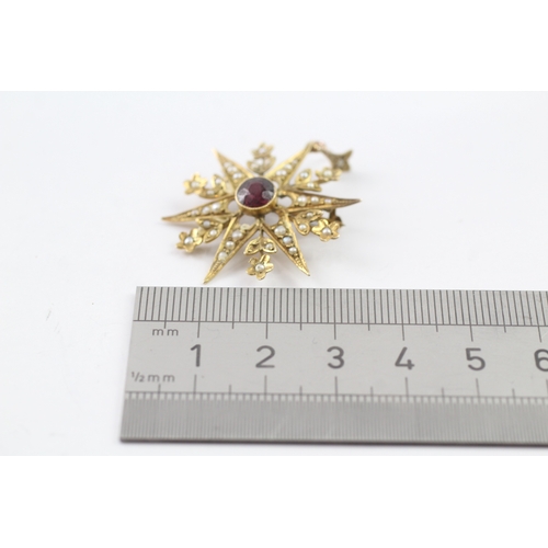 354 - low carat antique garnet and seed pearl starburst brooch (3.5g)