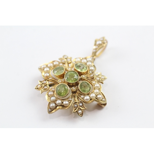 358 - 15ct gold Victorian pearl and peridot set starburst brooch (7.9g)