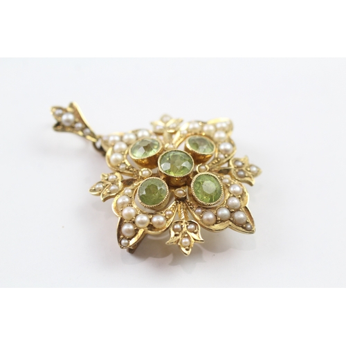 358 - 15ct gold Victorian pearl and peridot set starburst brooch (7.9g)