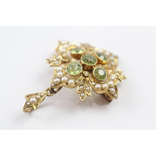 358 - 15ct gold Victorian pearl and peridot set starburst brooch (7.9g)